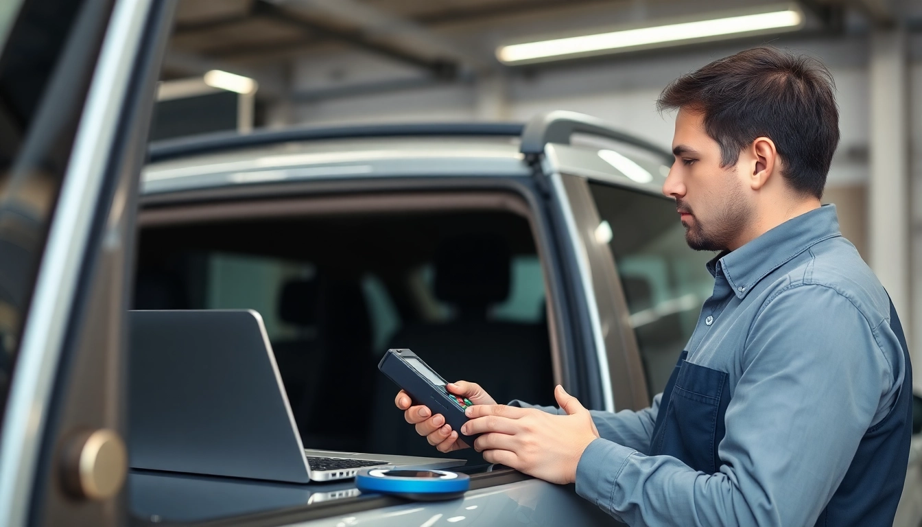 Professional kfz gutachter köln inspecting a vehicle with tools and laptop, ensuring accuracy and trust.