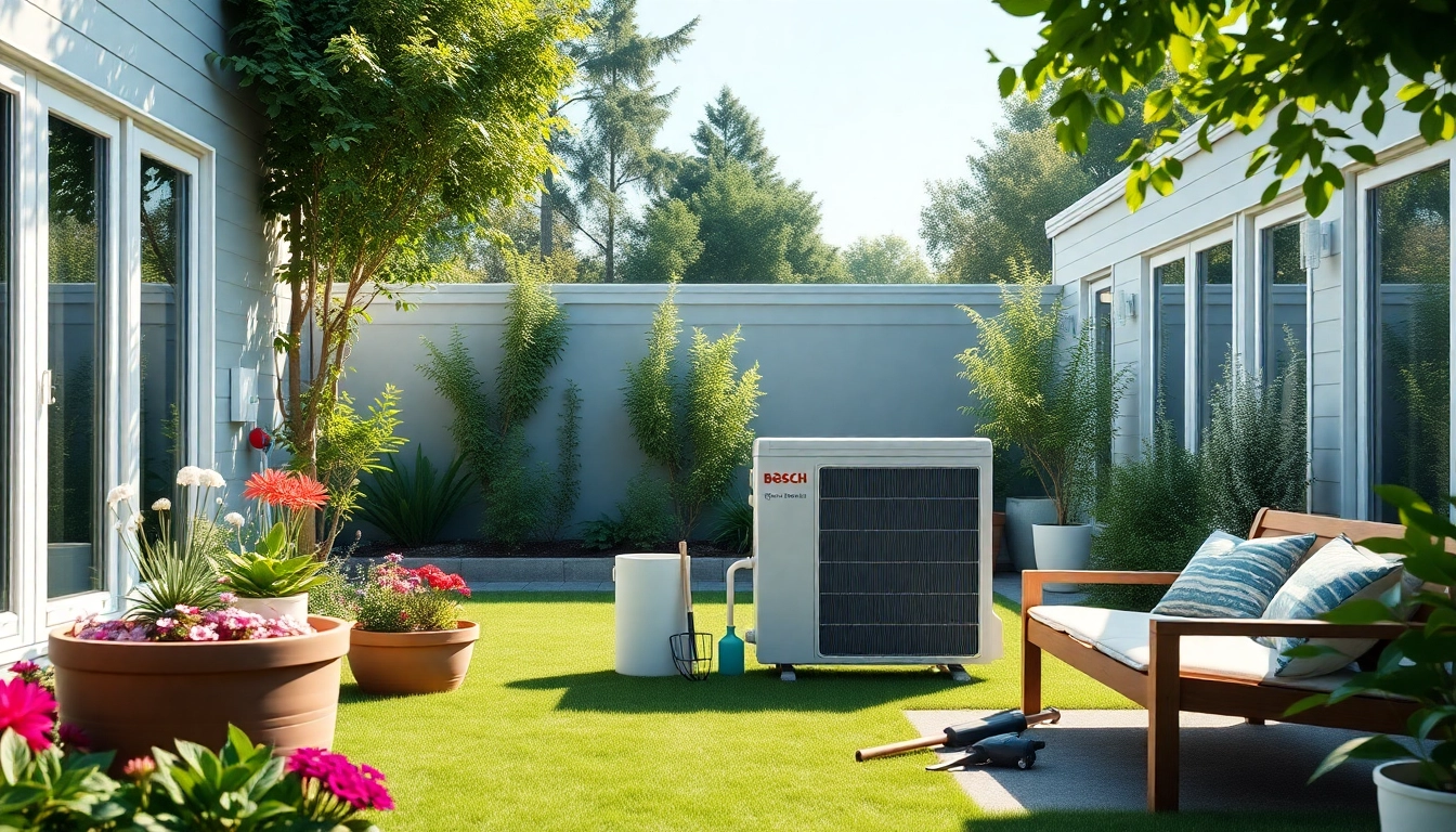 Install a wärmepumpe bosch for efficient home heating in a modern garden.