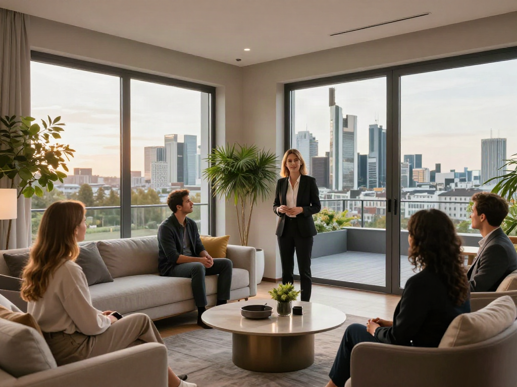 Bester Immobilienmakler Frankfurt präsentiert ein elegantes Wohnhaus mit fröhlichen Käufern.