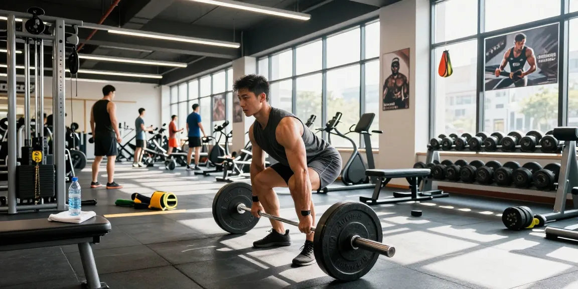 Kraftsportler hebt Gewichte in einem hellen Fitnessstudio von Steroidshop und zeigt Stärke und Fitnessumgebung.