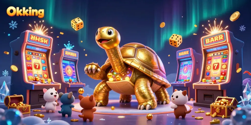Experience thrilling action at Okking with a golden tortoise in a lively casino scene