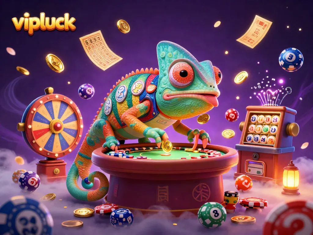 Experience the excitement of vipluck casino with colorful lottery elements and a dynamic chameleon owner.