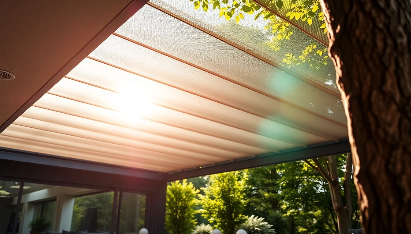 Terrassendach bietet stilvollen Schutz auf der modernen Terrasse mit Grünpflanzen im Hintergrund.