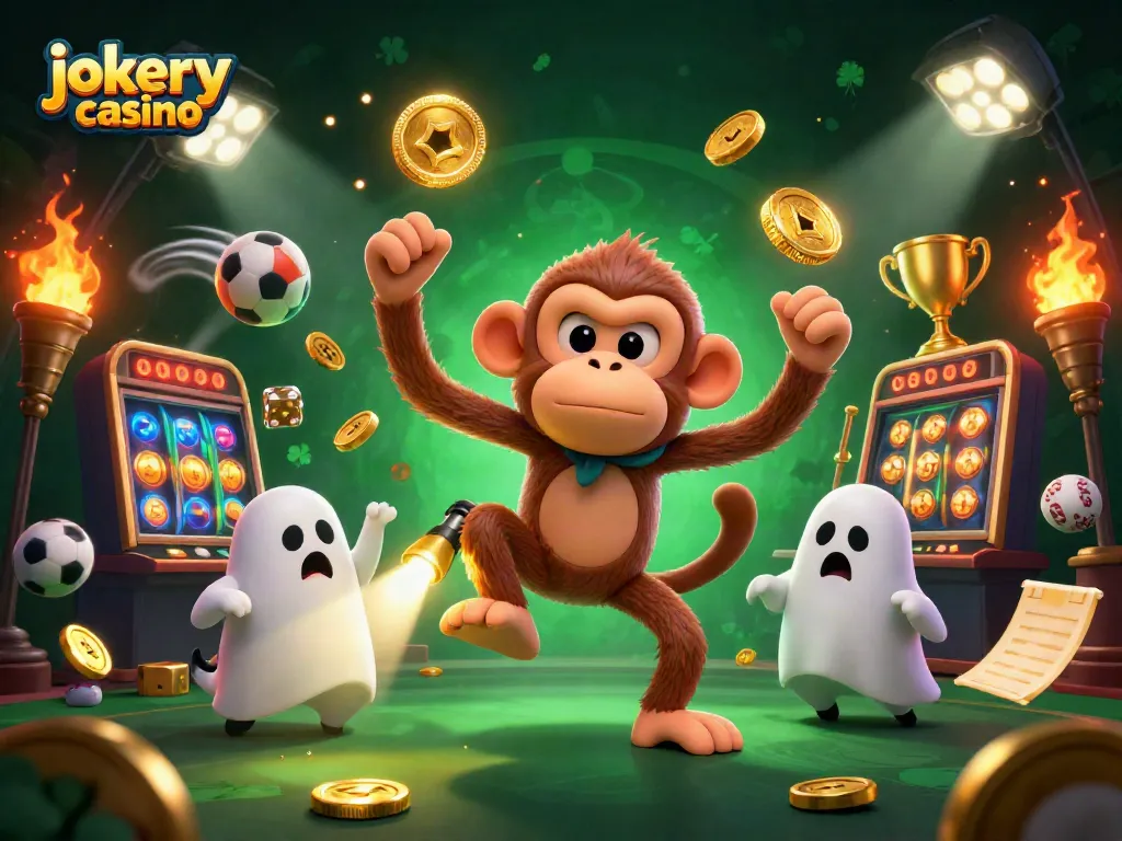 Experience the thrills of jokery casino with this vibrant illustration showing a playful poltergeist monkey and ghost-hunter puppy.