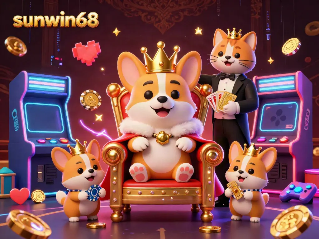 Win big at sunwin68 with a vibrant, royal-themed cartoon illustration of a corgi on a poker chip throne.