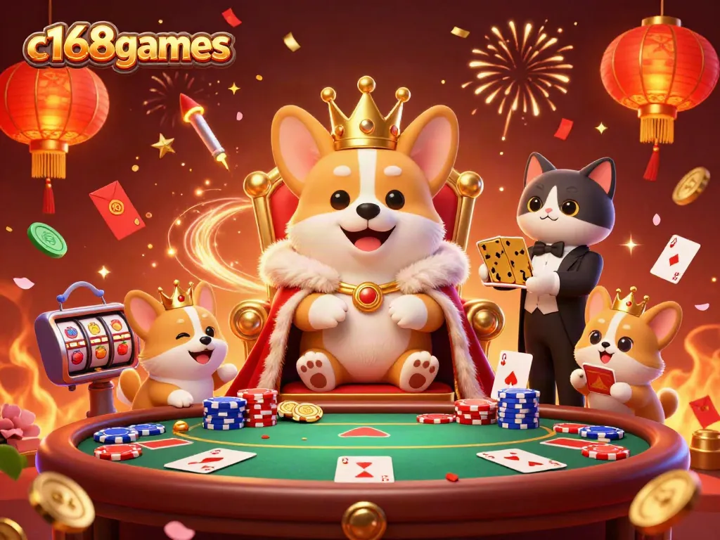 Experience c168games with a royal corgi on a poker chip throne amidst festive casino elements.