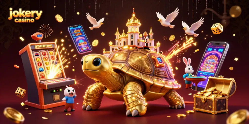 Engage in thrilling wins at jokery casino with vibrant 3D illustration of a golden tortoise casino scene.