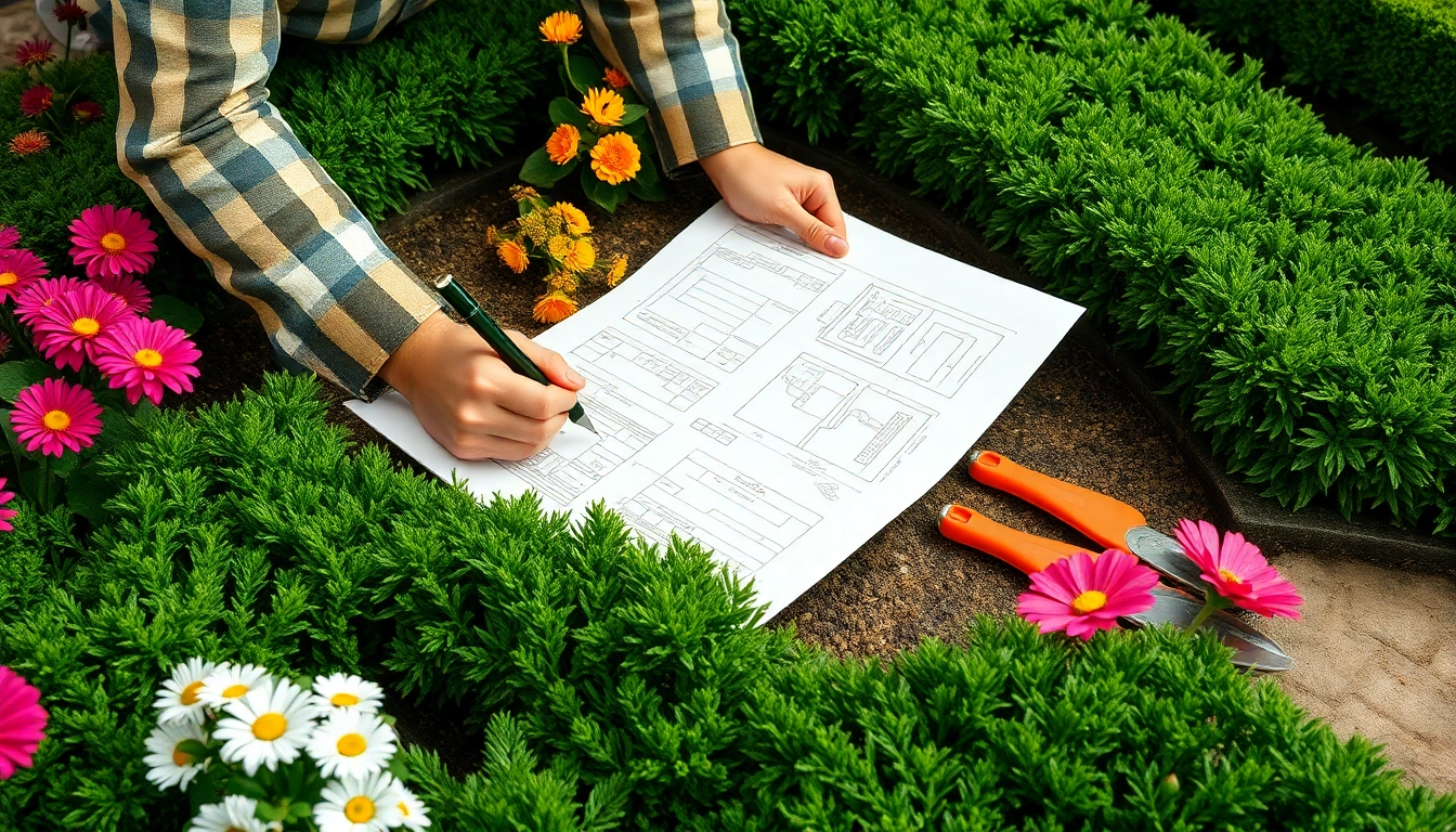 Gartenbau-Profi entwirft Garten mit bunten Pflanzen und Blumen.