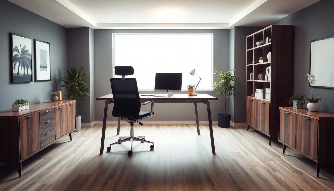 Hochwertige Büromöbel in modernem Büro-Setup mit ergonomischem Schreibtisch und Stuhl.