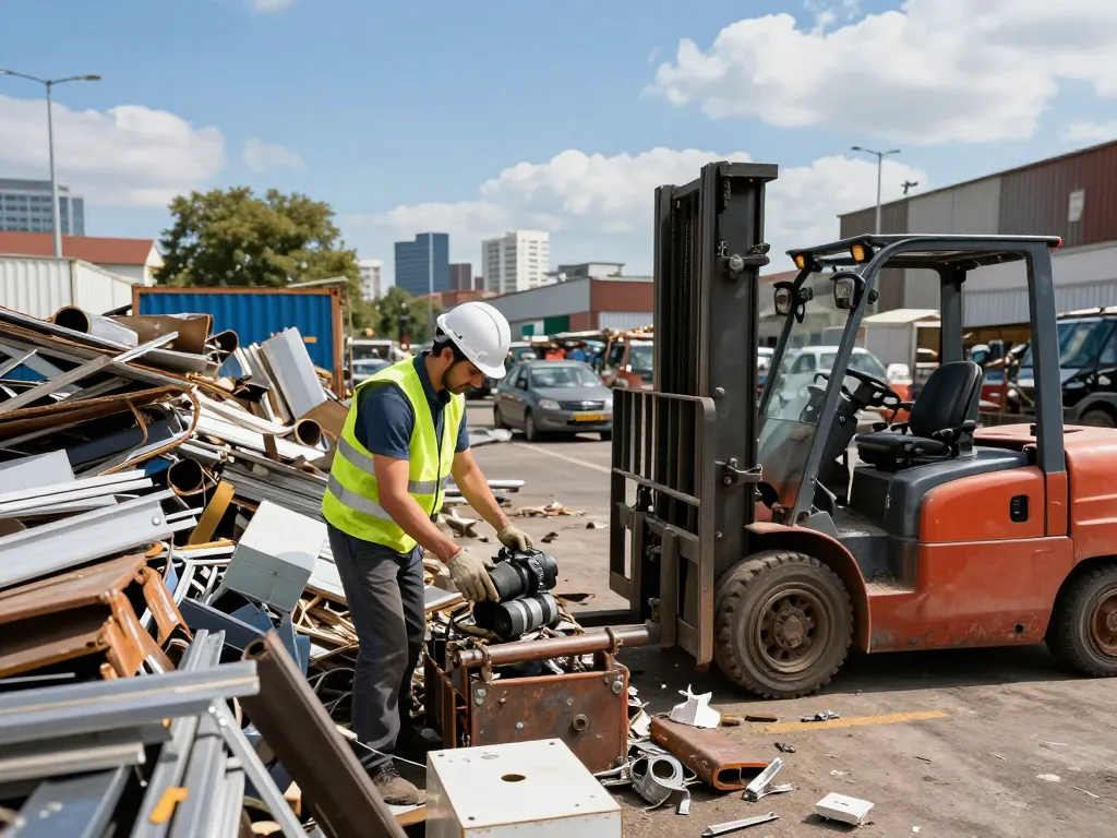 Schrotthändler sortieren Metallschrott an einem aktiven Recyclingstandort mit Stadtansicht.