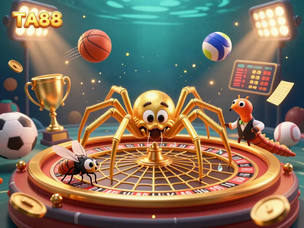 TA88 offers an energetic betting scene with a spider spinning a roulette web surrounded by vibrant sports elements.