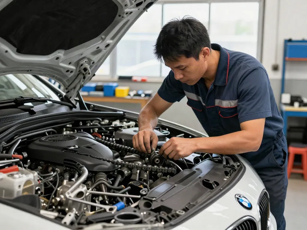 Mechaniker überprüft die BMW Steuerkette in Hannover.