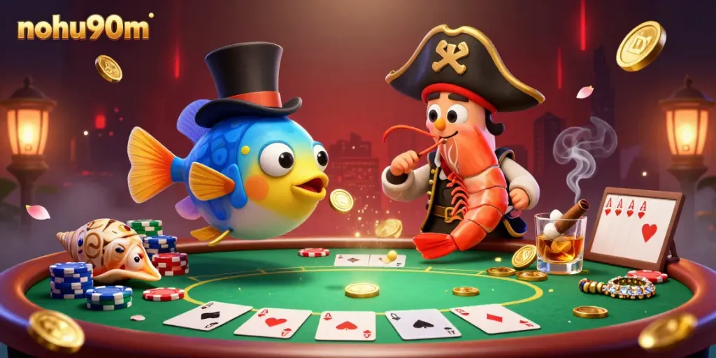 Nohu90m theme illustration of a deep-sea anglerfish attracting coins in a lively poker scene.