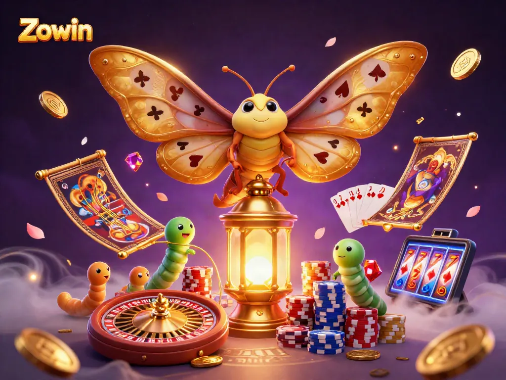 Spin the reels for big jackpots at Zowin with a vibrant casino scene alive with playing cards and golden coins.