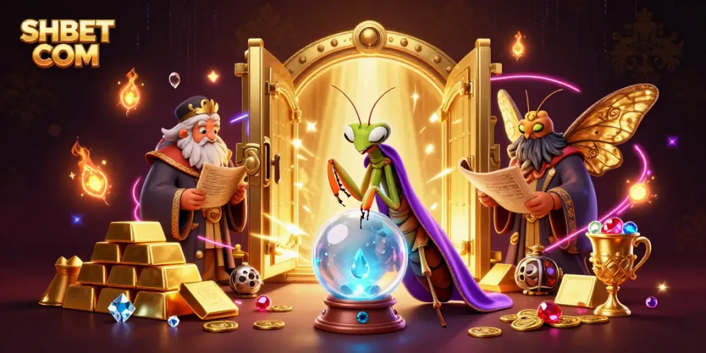 Immerse in thrilling SHBET COM gaming with a vibrant 3D illustration of fortune tellers and treasure.