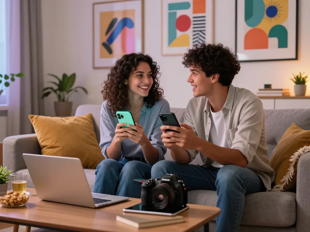Young couple engaging in playful sexting AI conversations in a cozy home office.