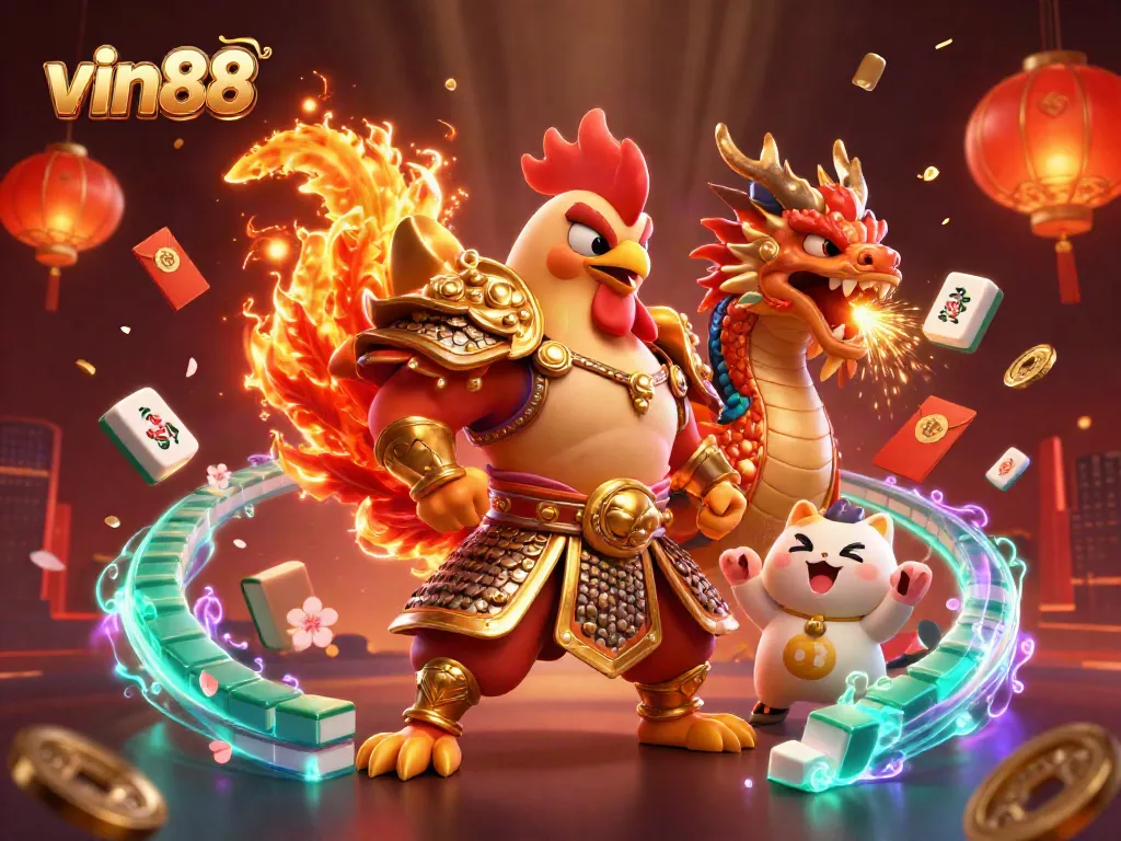 Engage with vin88's thrilling gaming scene featuring a roaring rooster warrior and a fiery dragon!