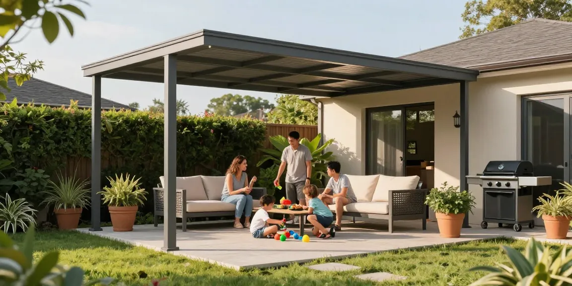 Familie unter einer freistehenden Terrassenüberdachung, die das sonnige Wetter genießt.
