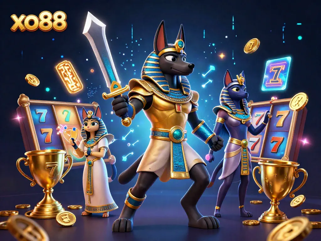 Experience the thrilling atmosphere of xo88 with 3D Egyptian-themed casino elements, showcasing popular slot games and jackpots.