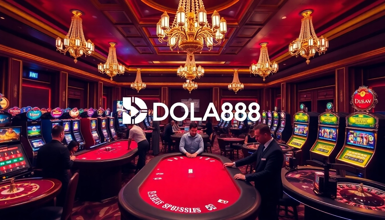 DOLA88 casino scene featuring lively poker and roulette gameplay with vibrant ambiance.