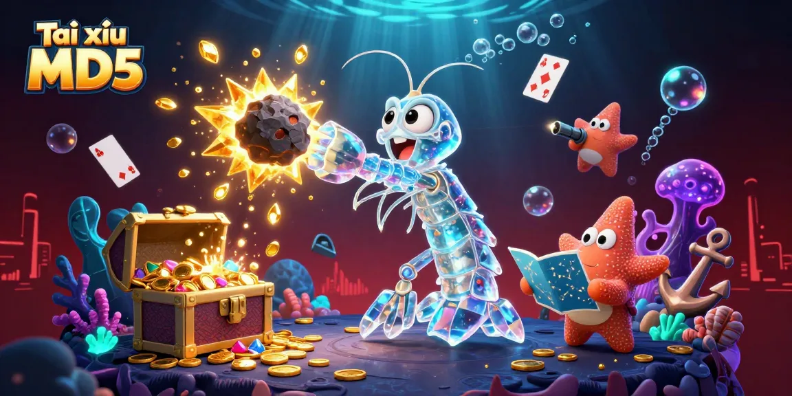 Tài xỉu MD5 features a striking galactic mantis shrimp battling through gems and coins in dynamic underwater casino illustration.
