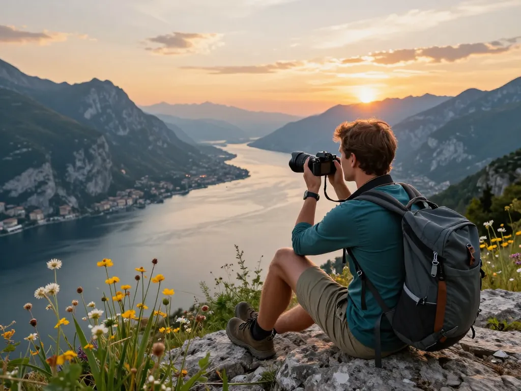 Genießen Sie einen Urlaub am Gardasee und fangen Sie atemberaubende Ausblicke während des Sonnenuntergangs ein.
