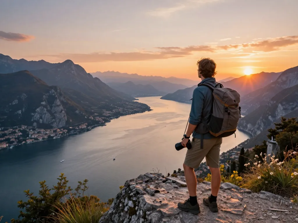 Beeindruckende Sonnenuntergangsansicht am Gardasee, die Gardasee Reisetipps für Reisende zeigt.