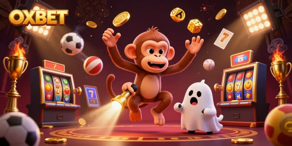 Experience the thrill of OXBET with a mischievous poltergeist monkey juggling golden coins and cards in a lively casino atmosphere.