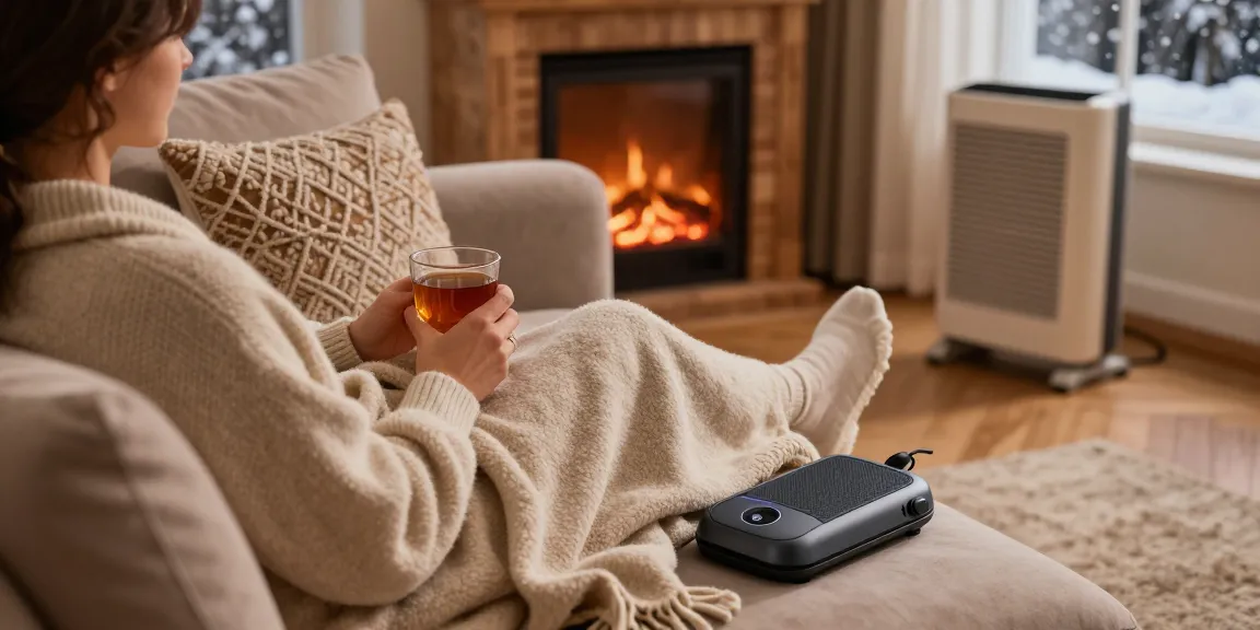 Gemütliches und einladendes Wohnzimmer mit einem Heizkissen mit Akku für kuschelige Wärme im Winter.