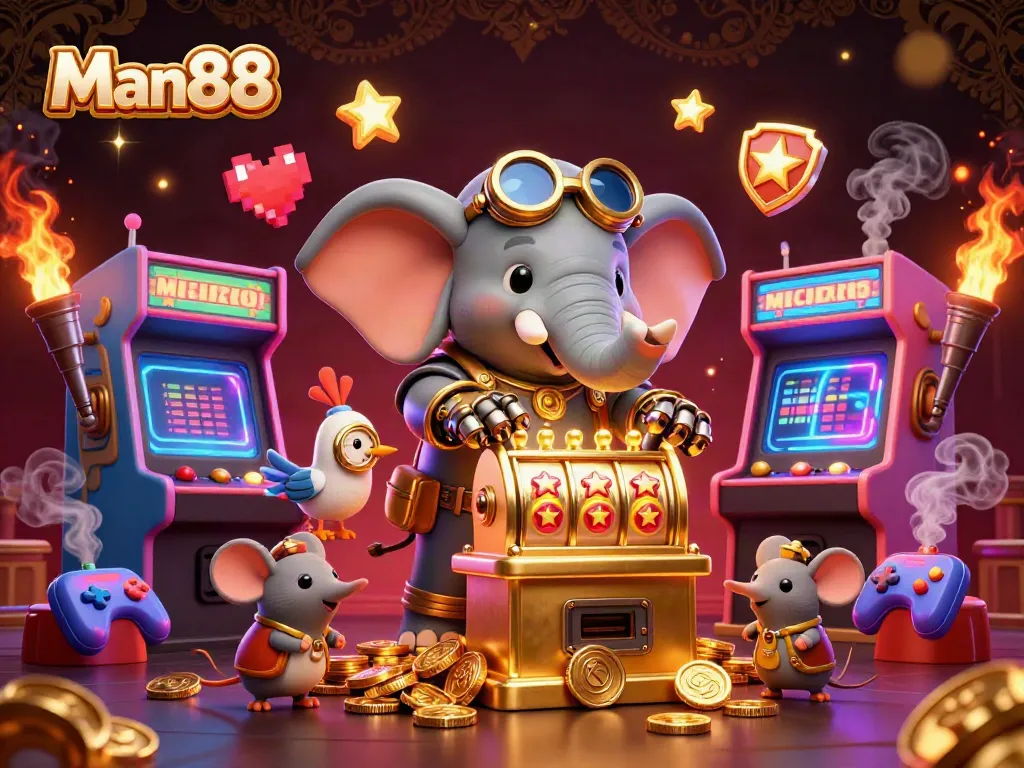 Engage in thrilling gaming at Man88 with steampunk characters at a vibrant casino scene.