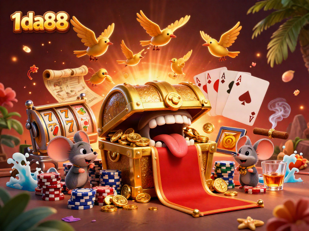 Engage with 1da88's treasure chest and exciting casino elements in a vibrant scene.