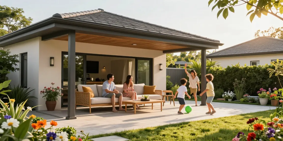 Moderne freistehende Terrassenüberdachung mit Familie im Garten.