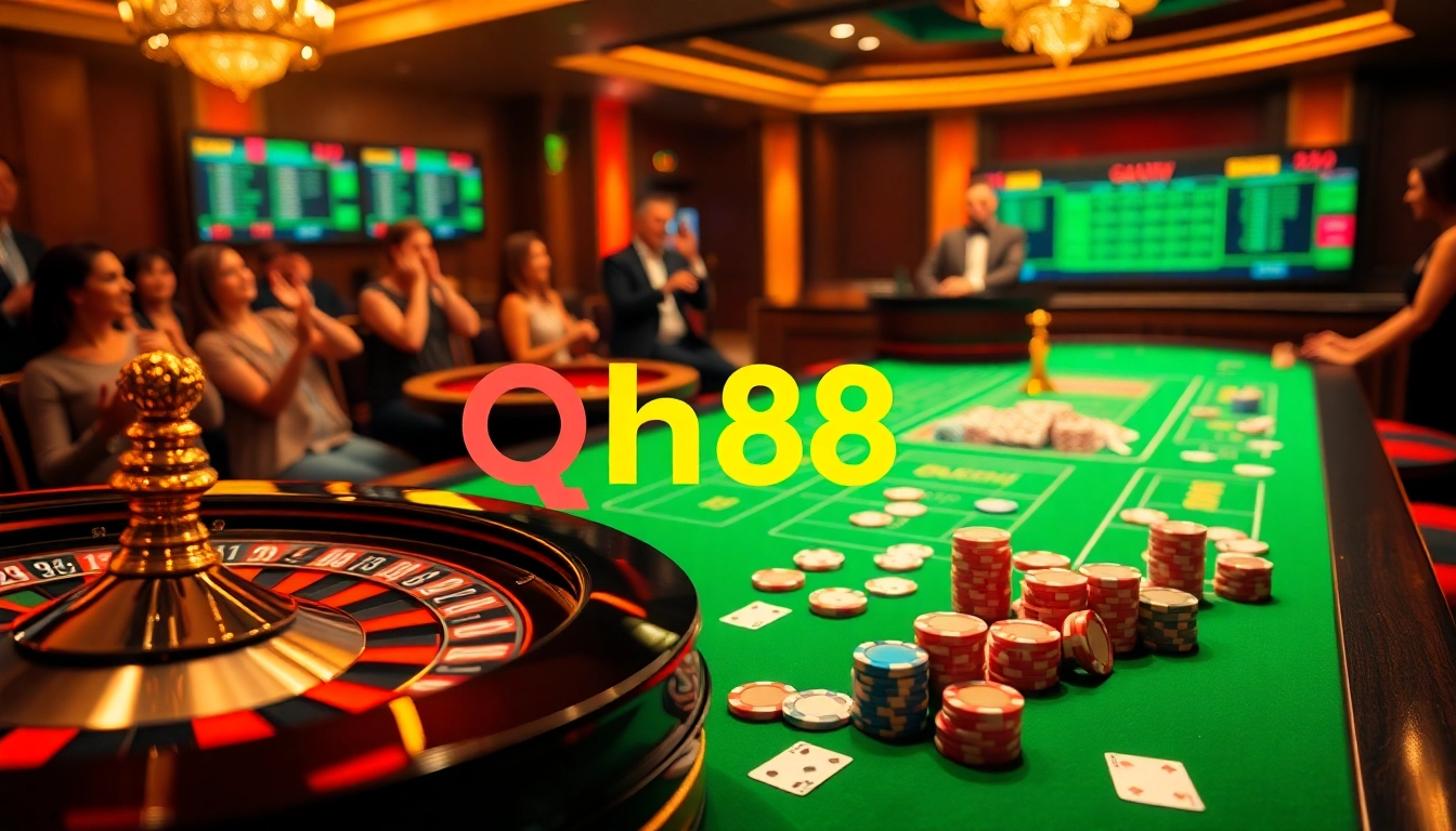 Playing poker at qh88 with exciting gameplay, vibrant atmosphere, and luxurious casino features.