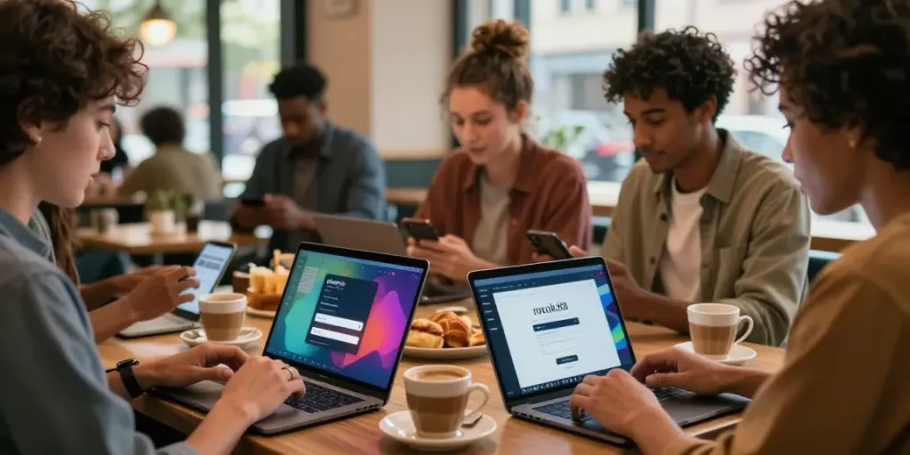 Friends using rokok88 login in a modern café setting, enjoying coffee and socializing