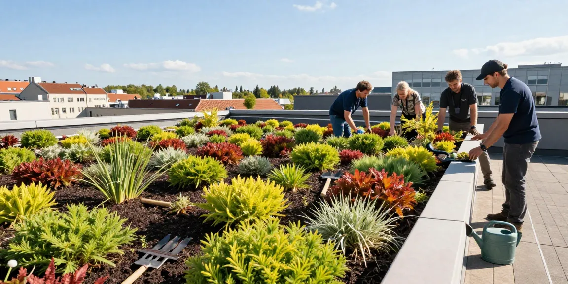 Inspektion einer extensiven Dachbegrünung mit Sedum-Pflanzen und städtischer Skyline.