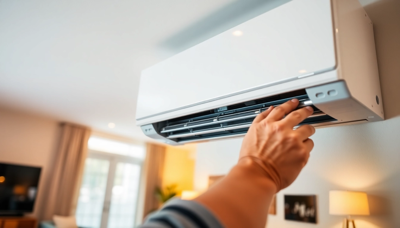 Efficient Klima installieren process, showcasing a professional installing a split air conditioning unit in a modern living room.