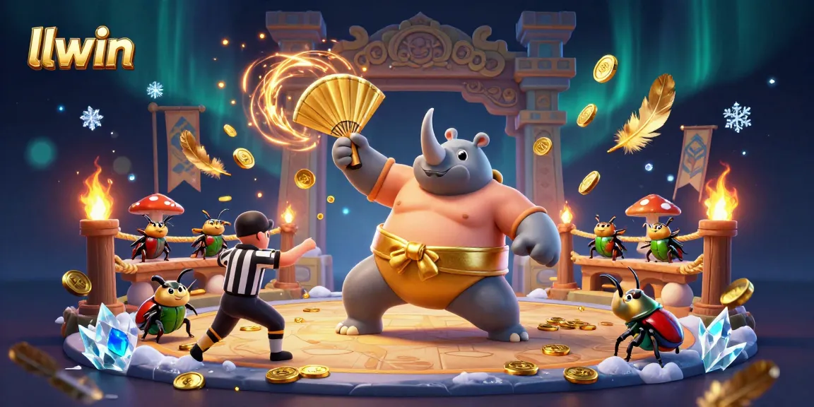Win big at llwin with a vibrant 3D illustration featuring a sumo beetle champion and dynamic casino elements.
