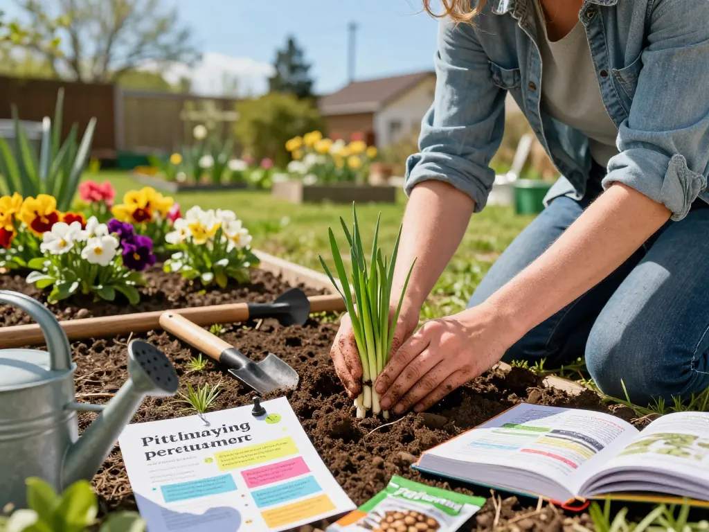 Planting spargel pflanzen in a vibrant spring garden with colorful flowers and tools.
