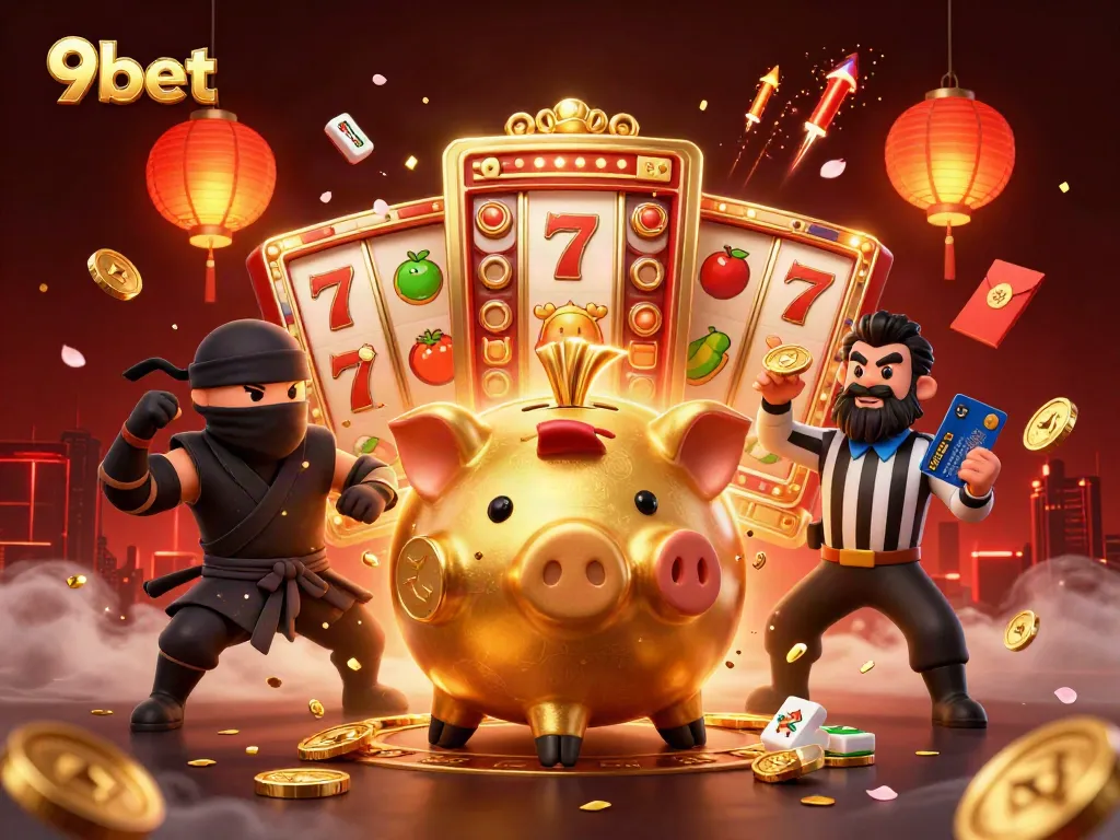Experience rich gaming moments with 9bet, featuring dynamic slot games and vibrant characters in a colorful casino scene.