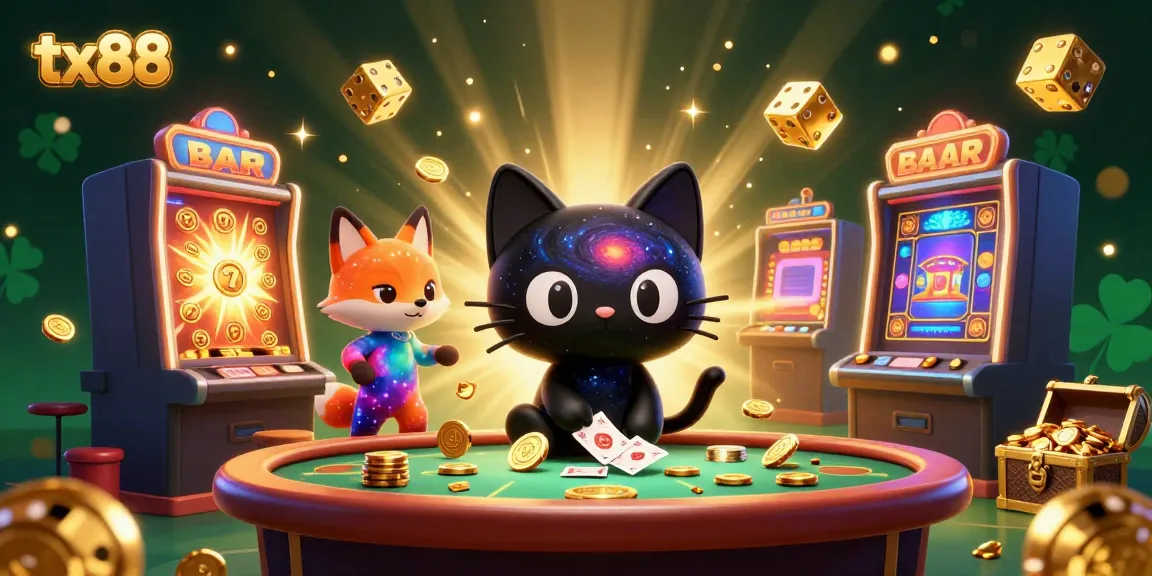 Experience the excitement of tx88 as a cartoon black hole cat attracts casino elements in a vibrant 3D scene.