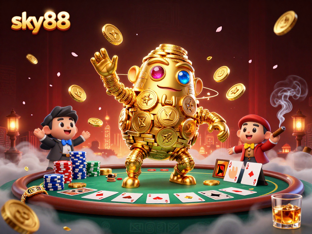 Sky88 unleashes excitement with a golden golem, poker elements, and vibrant casino scene.