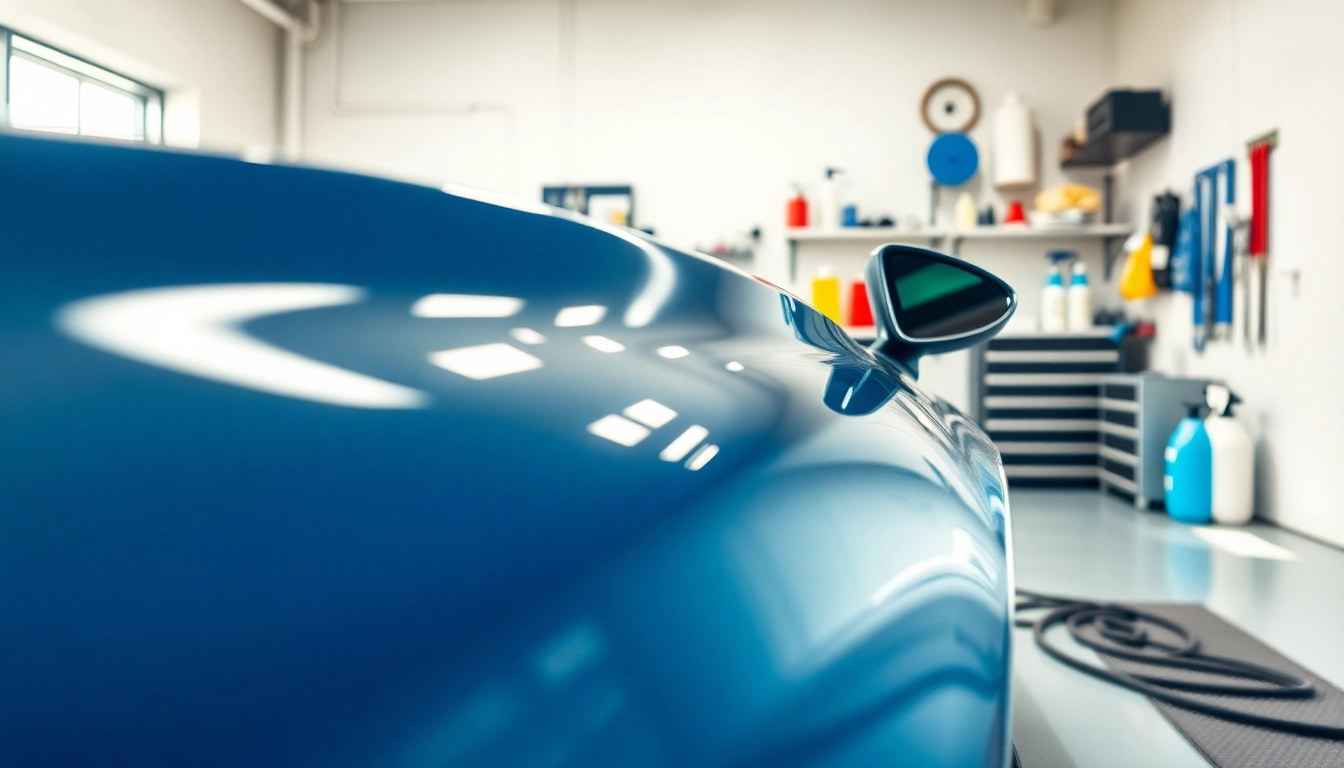Fahrzeugaufbereitung im Fokus mit professionellen Reinigungsprodukten und einem glänzenden Auto im Detail.