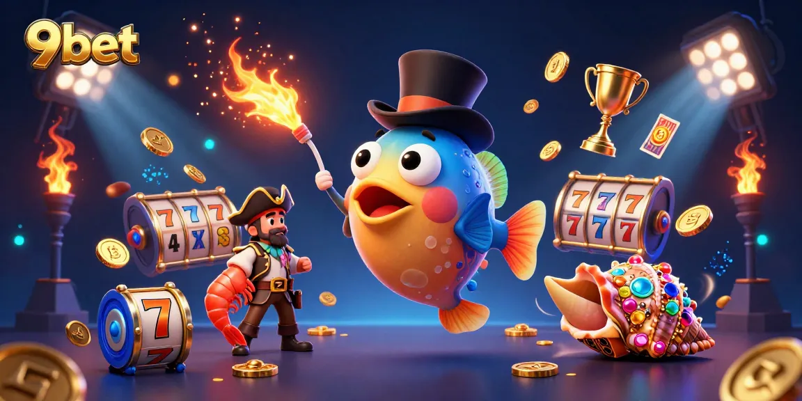 9bet's cartoon scene showcases a deep-sea anglerfish, shrimp pirate, and treasure snail amid casino-themed elements.