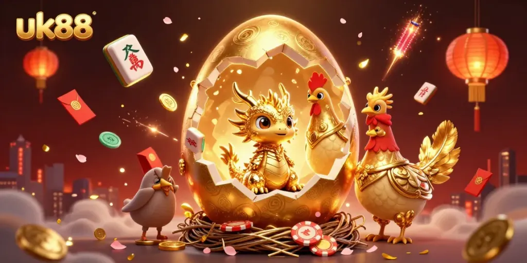 uk88 showcases a vibrant 3D illustration of a colossal golden egg hatching a dragon on poker chips, surrounded by festive elements.