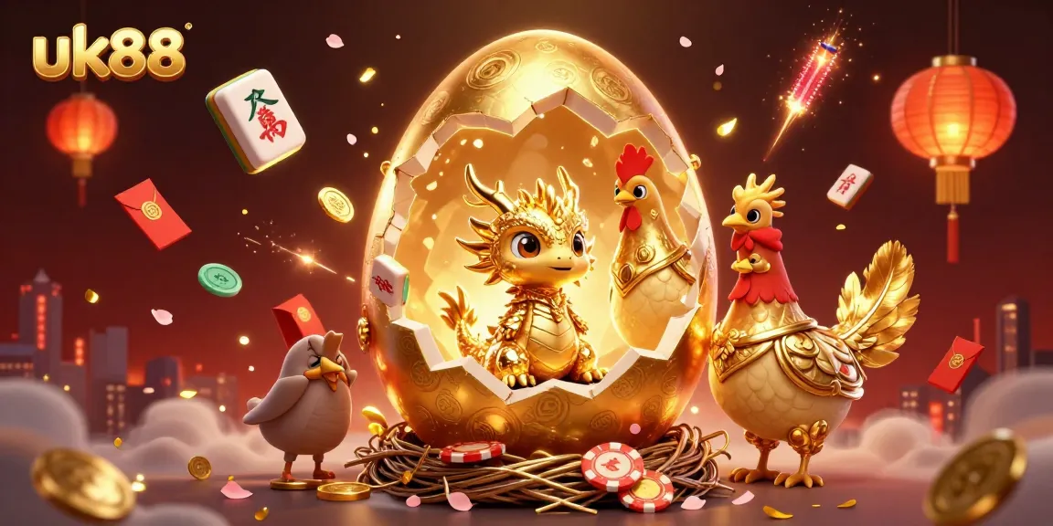 uk88 showcases a vibrant 3D illustration of a colossal golden egg hatching a dragon on poker chips, surrounded by festive elements.