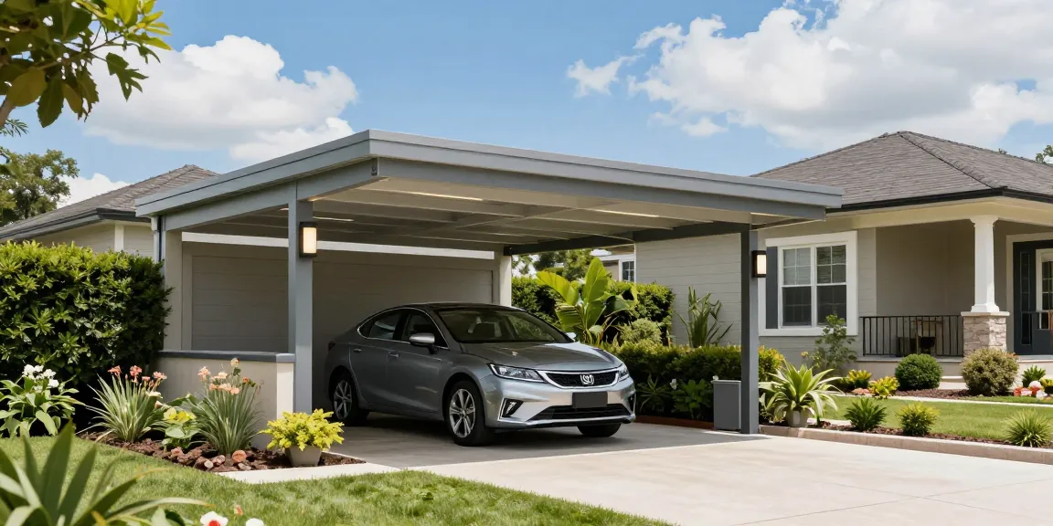 Modernes Carport-Design mit einem Auto darunter, umgeben von einer blühenden Landschaft.