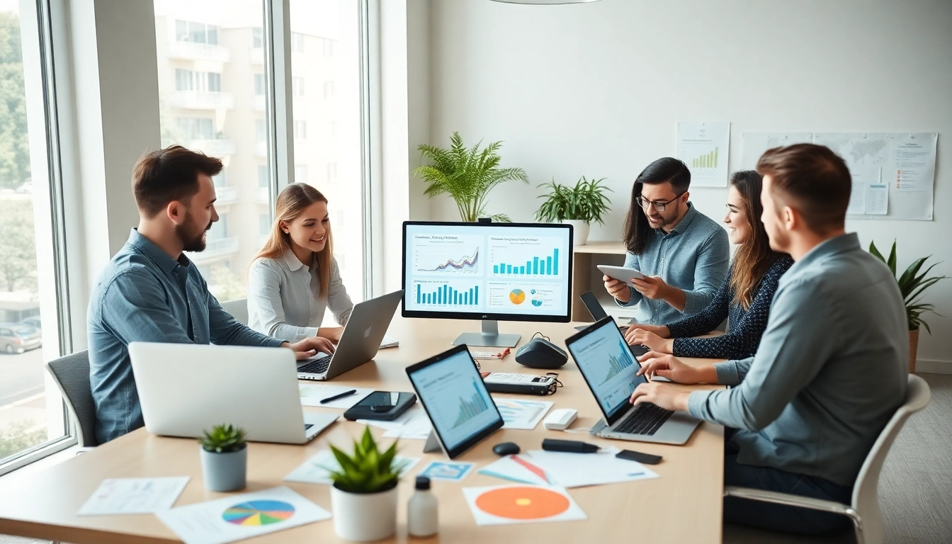 Efficient team discussing Online Marketing strategies in a modern office environment.