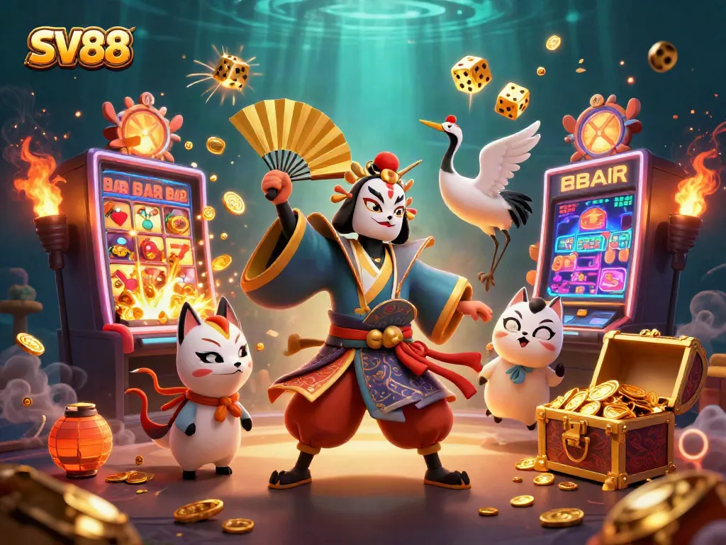Experience the vibrant world of SV88 with a captivating kabuki warrior scene, lively slot machines, and interactive games.