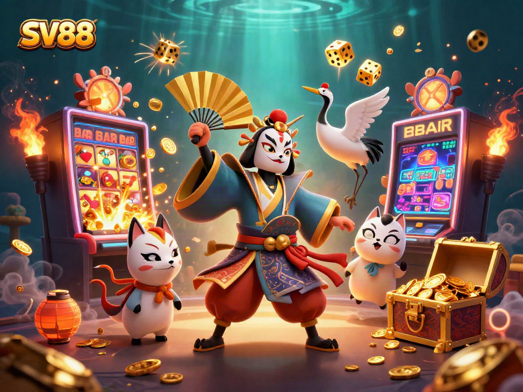 Experience the vibrant world of SV88 with a captivating kabuki warrior scene, lively slot machines, and interactive games.