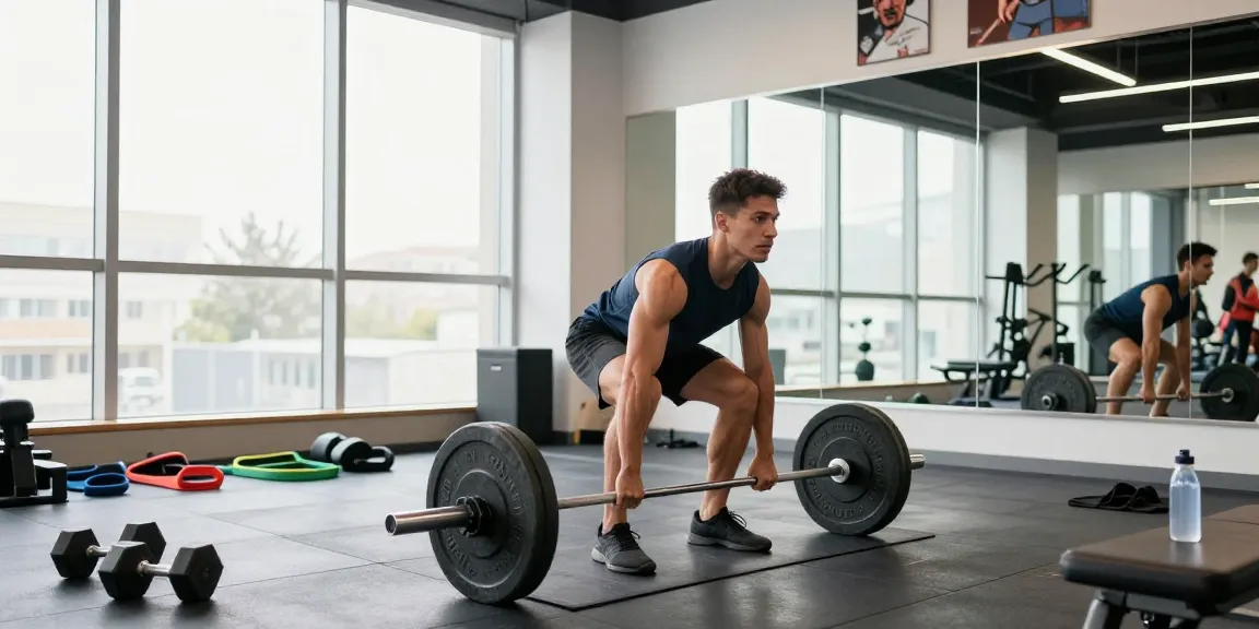 Anabolika Shop - Bodybuilder beim Deadlift in modernem Fitnessstudio mit motivierender Atmosphäre